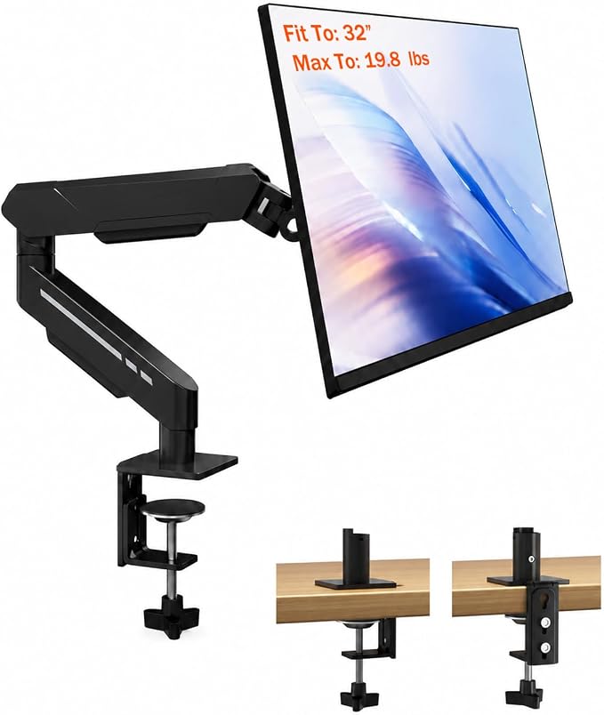 THEARK Single Monitor Desk Mount 17"-32" Screens - Adjustable Mechanical Monitor Arm Computer Monitor Stand up to 19.8 lbs,VESA Arm Desk Mount with C-Clamp and Grommet Base,VESA 75x75/100x100mm,Black