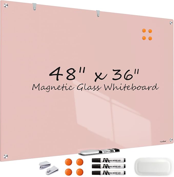 White Board Dry Erase, 48x36 Inches Magnetic Glass Whiteboard, Pink Frameless Glass Dry Erase Board for Wall Office Classroom School Home, 4x3 Feet Large White Board Wall Mounted