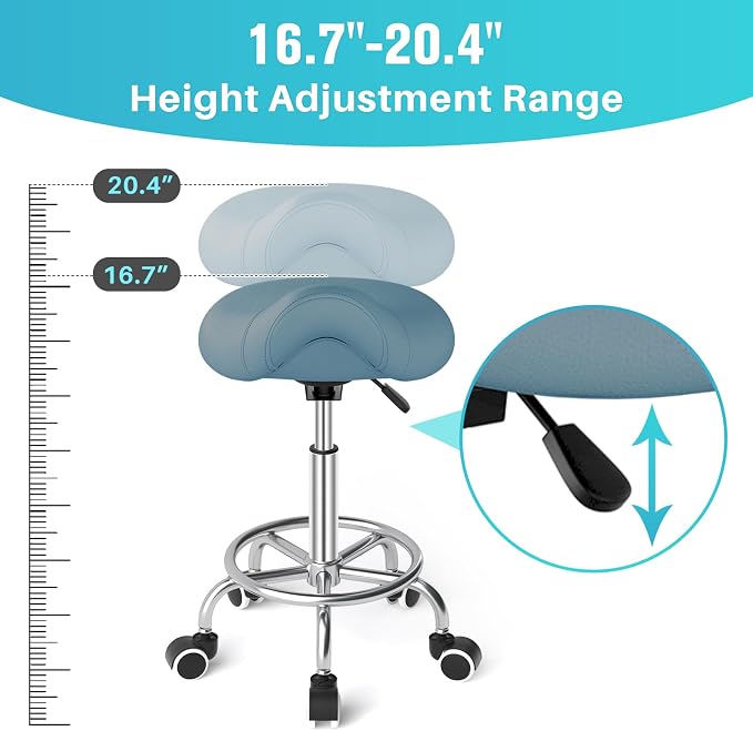 YEEZEE Saddle Stool Ergonomic, Saddle Chair with Wheels, Blue | Comfortable Wide Thick Saddle Seat Padding, 360°Swivel, Adjustable Height, Ring Pedal Design, for Medical Massage Salon Spa