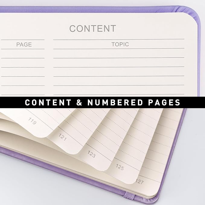 AHGXG Lined Journal Notebook, 160 Numbered Pages, A5 Medium Size (5.7'' x 8.3''), 120 GSM Thick Paper, for Men & Women, Journaling, Writing, Work & Office, Leather Hardcove (Light Purple)