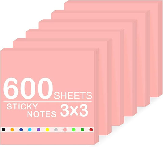 Super Sticky Notes,6 Pads Self-Stick Note Pads 3 x 3 in,600 Sheets Total Sticky Notepad Bulk Post,Office Supplies,School Supplies,Christmas Decor (Pink, 6 Pads Sticky Notes 3x3)