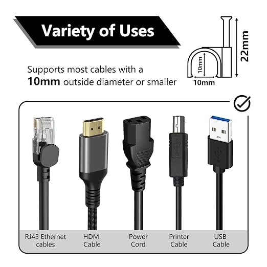 Jadaol Cable Clips 100Pcs 10mm Nail in Clips for Round Ethernet Cables Wall Clips Cable Tacks Electrical Wire TV Cable Speaker Wire Coax Clips Cable Nails for Cord Cat5/Cat5e/Cat6/Cat7 RJ45 Cord Clips
