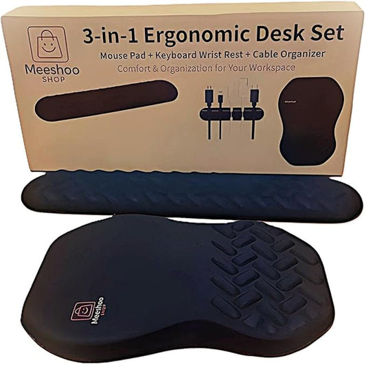 3-in-1 Ergonomic Mouse Pad Set with Keyboard Wrist Rest Support & Cable Organizer – Memory Foam for Carpal Tunnel & Pain Relief, Non-Slip Base – Ideal for Office & Gaming – Gift Box – Black-Meeshoo