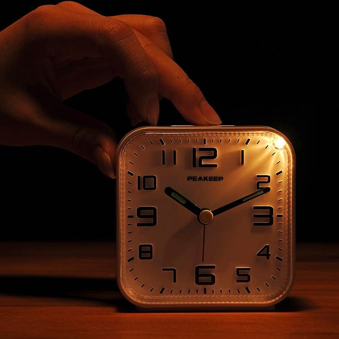 Peakeep 3D Numbers No Tick-Tock Analog Alarm Clock Classic Beep Sound | Snooze, Manual Light and Battery Powered Small for Travel (White-3D)