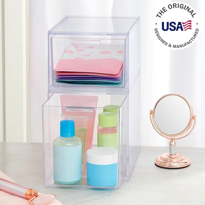 STORi Audrey Stackable Clear Bin Plastic Organizer Drawers | 2 Piece Set | Organize Cosmetics and Beauty Supplies on a Vanity | Made in USA