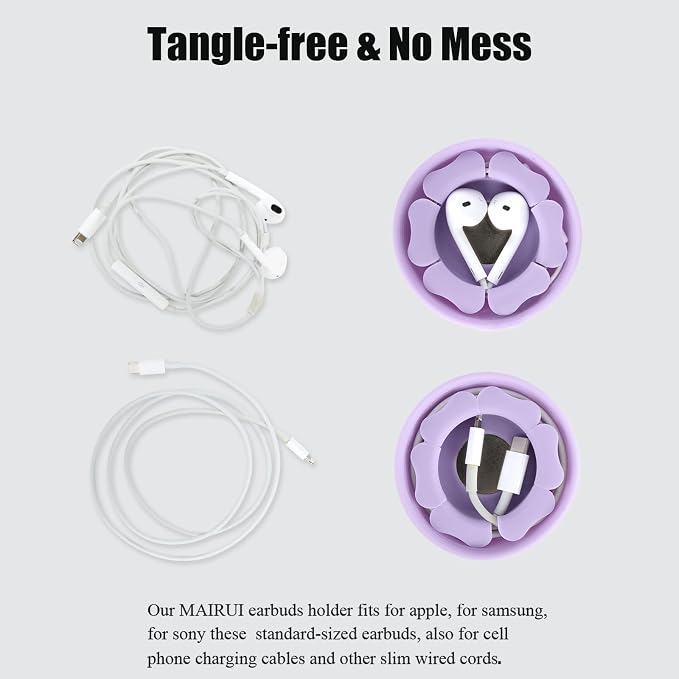MAIRUI Wired Earbud Case Earphone Headphone Cord Organizer Earbuds Wrap Soft Silicone Magnetic Holder Storage Tangle Free Cable Winder(Lavender)
