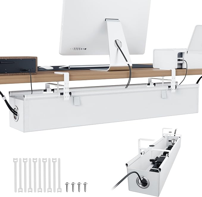 KEEGH Under Desk Cable Management Tray 36", No Drill Cord Organizer, White | Heavy Duty, Large Capacity, 3-Level Clamp Fit 0"-2.5" Desks, Clamp/Screw Mount, for Home, Office, Gaming, Room, Studio