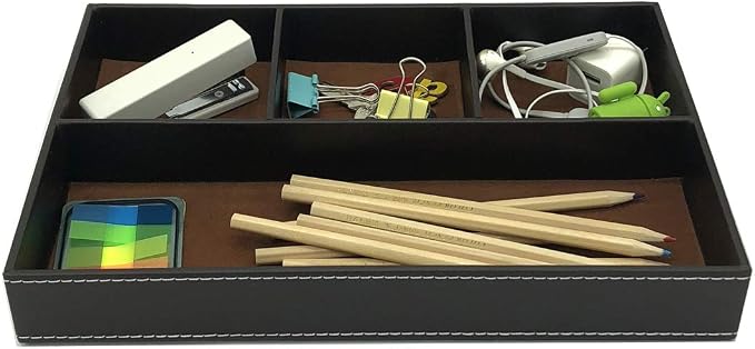 UnionBasic Flat 4-Slot Leather Desk Drawer Tray Stationery Sundries Gadget Organizer Storage Box Pen Pencil Holder Case Container (Brown)