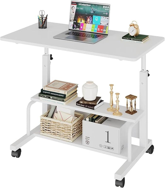 Simple Deluxe 31.5" Manual Standing Desk, Height Adjustable Mobile Computer Desk with Lockable Wheels & 2-Tier Storage, Rolling Laptop Table for Small Spaces & Home Office, White