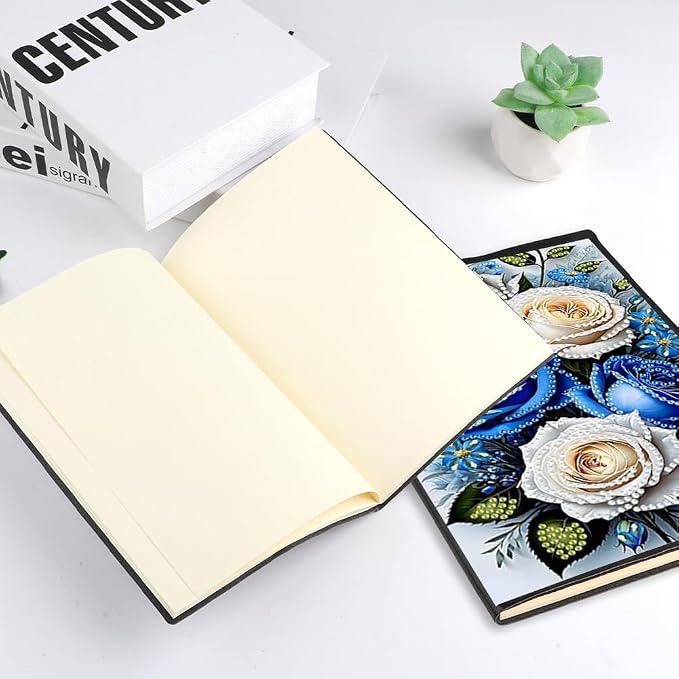 FRANDEK Pearl Painting Notebook Kit, Blue and White Rose A5 DIY Journal with 50 Blank Pages, Diamond Gem Art Cover with Waterproof Canvas, Beginner Craft Set with Full Tools for Adults