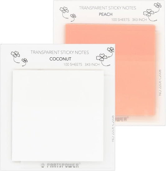 PARTSPOWER Transparent Sticky Notes, 3X3 Inch, Pastel Translucent Ananotating Sticky Notes for Books, Bible Study, Reading, Office School Supplies, 100 Sheets/Pad (Coconut & Peach)