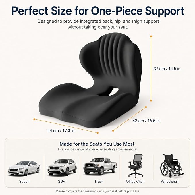 Car Seat Cushion with Lumbar Support, One-Piece L-Shaped Memory Foam | Ergonomic design with coccyx cutout, hip-to-thigh support and anti-slip base for long drives, office chairs and wheelchairs.