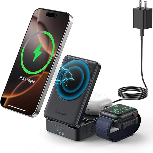 Lamicall Travel 3 in 1 Wireless Charging Station for Apple MagSafe, [Upgraded Cooling] Foldable Magnetic Charger Stand for iPhone 17 16 15 14 13 Pro Max, AirPods, Apple Watch (Adapter Included)