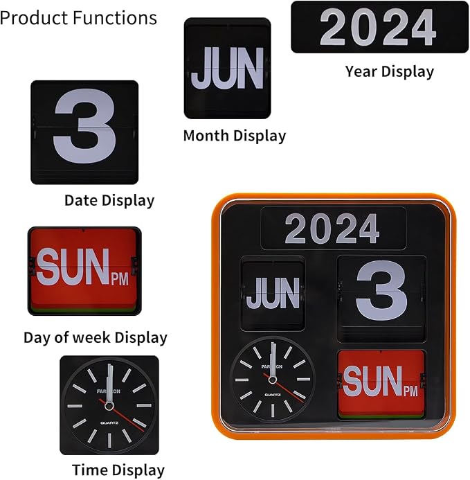 Retro Modern 9.45 Inches Calendar Day Date Flip Desk Wall Clock (Orange Frame)(No Battery Included)