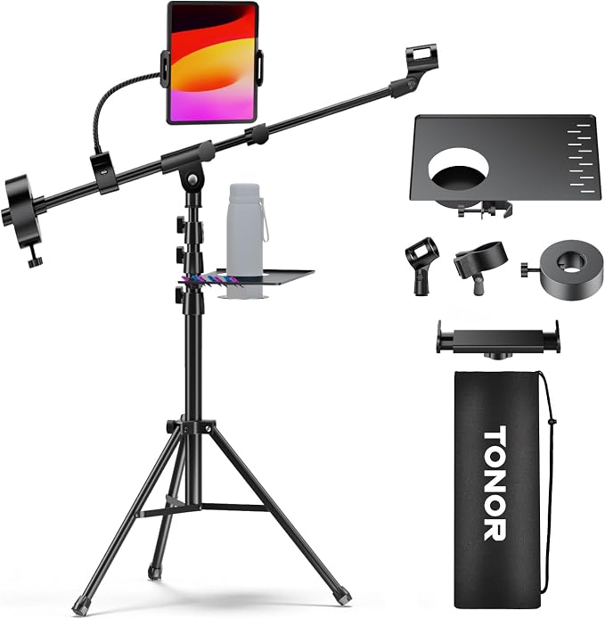 TONOR Microphone Stand with Tablet Holder, Tripod Boom Arm for Floor, Adjustable Height and Angle, Stand with Carrying Bag, Pad Clamp, Max 190 cm/74.8inch, High Compatibility, Cup Tray, T35+