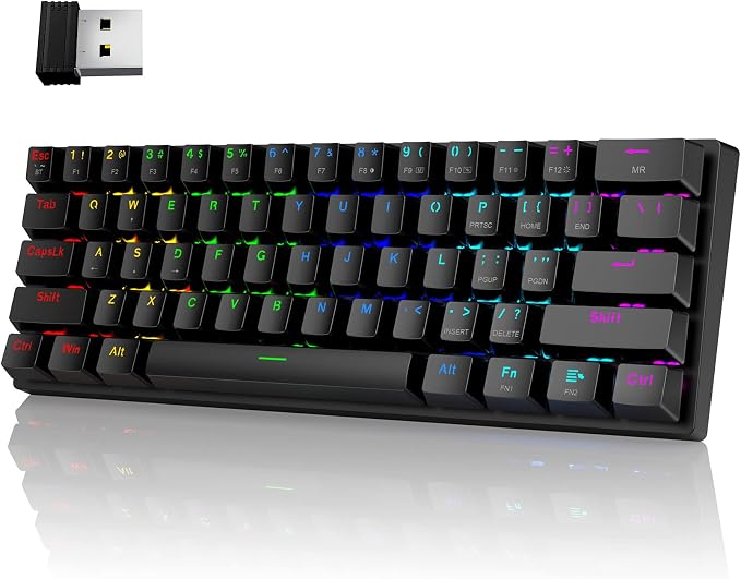 Pauroty 60% Wireless Mechanical Keyboard, Triple Mode 2.4G/USB-C/Bluetooth Gaming Keyboard, RGB Backlit, Clicky Blue Switch, 61 Keys Rechargeable Mini Wireless Keyboard for iPad Mac PC Xbox
