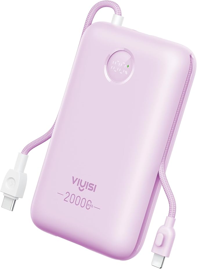 VIYISI Portable Charger 20000mAh 30W Fast Charging, Power Bank with Built-in Cables & LED Display, USB C Battery Pack for iPhone 17/16/15/14, Samsung, iPad and Android Phones, Travel - Purple