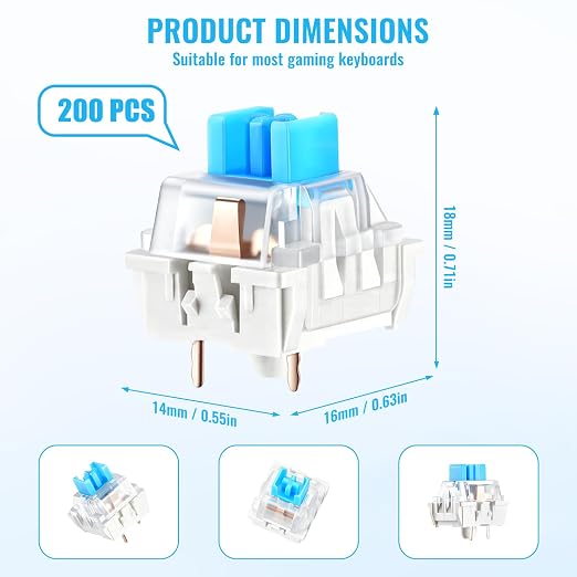Leezmark 200 Pcs 3-PIN Blue Mechanical Keyboard Switches, Clicky Tactile Key Switches for Most Gaming Keyboards, 3D Prints Fidget, Dustproof Replacement Keys