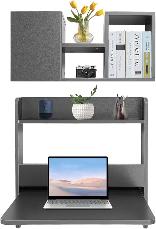 Floating Desk, 24" Wall Mounted Folding Desk with Bookshelf Folding Wall Desks Space Saving Workstation with Storage Shelves for Home Office Bedroom Study Room Small Space