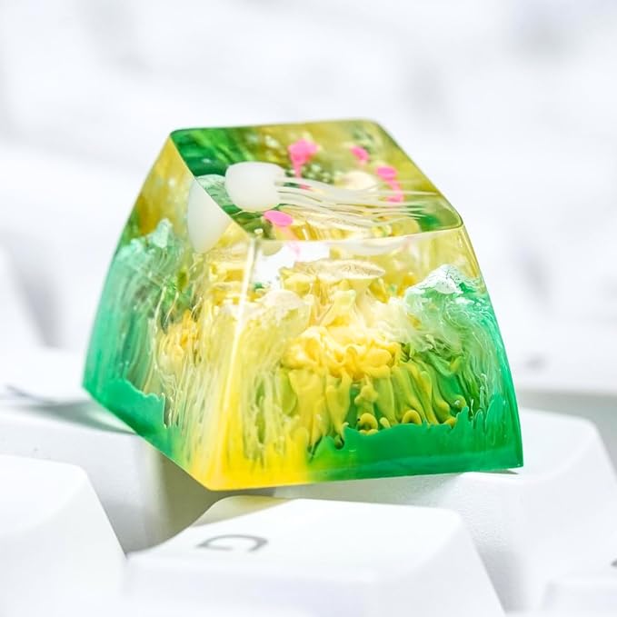 Jellyfish Artisan Keycap Yellow Green Ocean Reef - 1U ESC, R1 SA Profile Custom Handmade Resin Cherry MX Switch Key Cap Mechanical Keyboard, Cool Tech Gifts for Men, Dad, Father, Gamer, Sea Lover