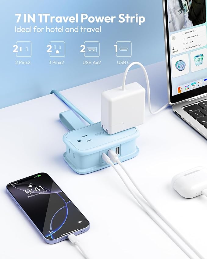 NTONPOWER Travel Power Strip,Travel Essentials 4 Outlets 3 USB(1 C) with 4FT Wrapped Extension Cord Flat Plug, Cruise Essentials 2026 for Hotel Travel Cruise Essentials, Blue