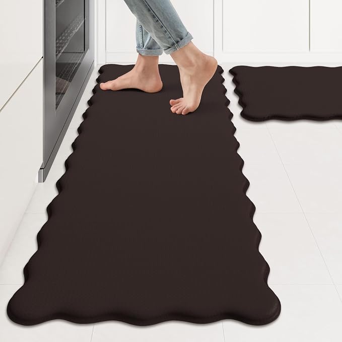 KIMODE Anti Fatigue Kitchen Mats for Kitchen Floor,Scalloped Kitchen Rugs Sets of 2 Non Slip,Cushioned Padded Memory Foam Kitchen Floor Mat Carpet for Office Laundry Sink,Brown