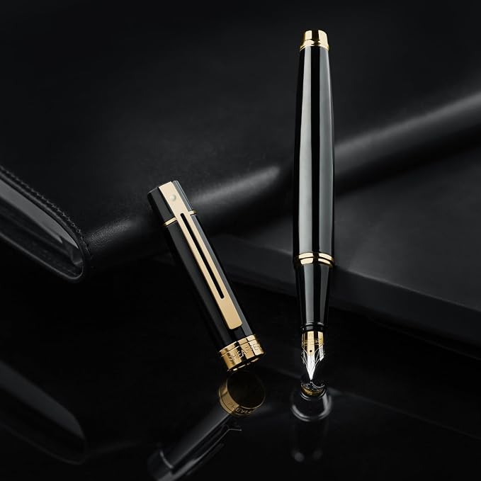 Sheaffer 300 Glossy Black Fountain Pen with Gold Tone Trim and Medium Nib
