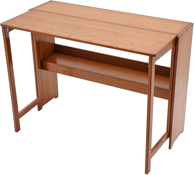 Bamboo Folding Desk, Laptop Desk Writing Desk with Storage Shelf Vanity Table Small Computer Table Space Saving Workstation for Home Office
