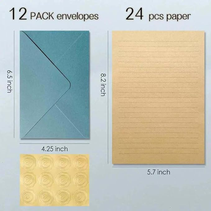 Tuhangcc Premium Velvet-Touch Stationery Set Unique Design with 24 Writing Sheets, 12 Envelopes (4x6)- Elegant Writing Kit for Love Letters & Party Invition (Lake Blue Sticker)