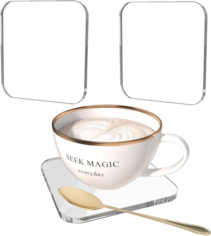 2Pack 4 Inch Square Cute Clear Acrylic Drink Coasters for Desk | Minimal Modern Desk Decor, Office Bar Kitchen Outdoor, Heat Resistant Coasters for DIY Creative Gift