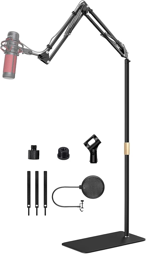 Microphone Floor Stand for Blue Yeti, Nano, Snowball, HyperX,Razer,Logitech USB and Condenser Mic,Adjustable Boom Arm Stand with 1/4'' Thread and 3/8" 5/8" Adapter, Pop Filter, Mic Clip, Cable Ties