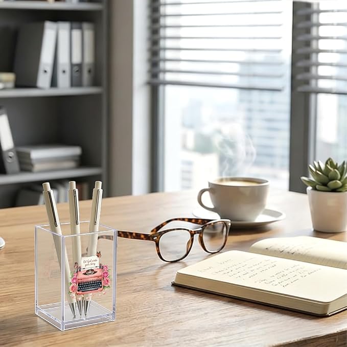 I Let God Write Your Story Acrylic Organizer Pencil Pen Holder, Vintage Typewriter Floral Acrylic Organizer, Christian Desk Decor Pen Holder, Inspirational Faith Gifts for Women Friend Mom