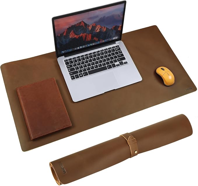 Polare 2mm Thick Full Grain Leather Desk Pad Protector 31.5 x 15.7 inch Desktop Blotter Mats for Keyboard and Mouse Non-Slip Desk Writing Pad for Office and Home (Brown)