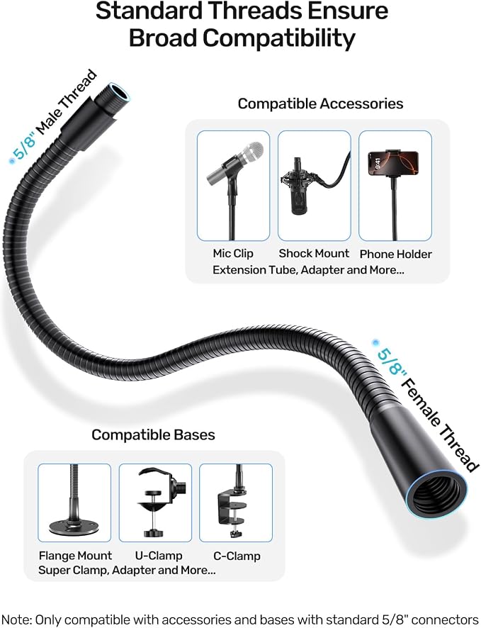 19-inch Microphone Gooseneck (5/8"-27 Thread) - 360° Adjustment, Heavy Duty &Flexible Metal Extension Arm with High Load-bearing Capacity for Podium, Drum Mic Stand, Lecture and DIY, Black