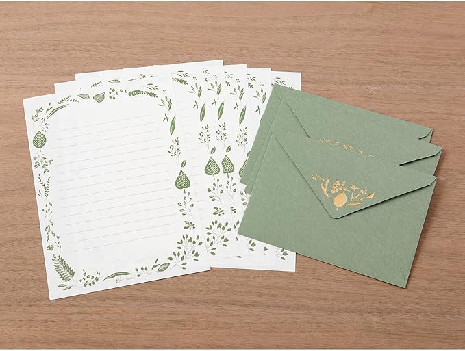Midori 86507006 Letter Set Foil Stamped Envelopes, Leaf Pattern