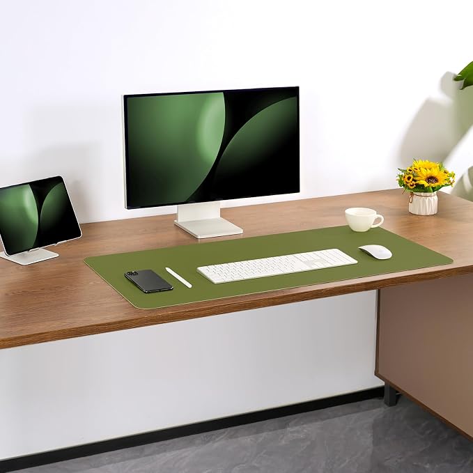 Dual Sided Desk Pad Faux Leather Desk Mat Large Mouse Pad | Desk Pad Protector Non-Slip Waterproof Desk Mouse Pad for Writing Desk, Office, Home(Green Gray 31.5"X15.7")
