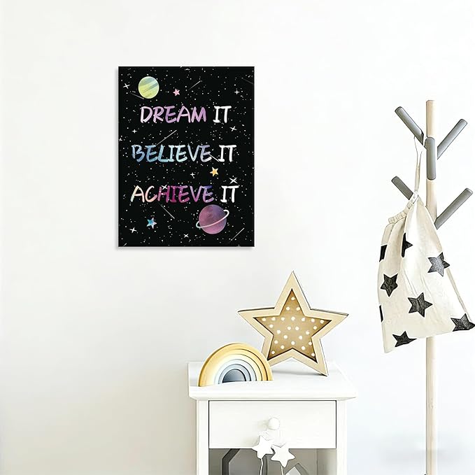 CHDITB Space Themed Canvas Wall Art, Galaxy Inspirational Quotes Decor, Outer Space Motivational Framed Poster, Astronaut Room Wall Art, Celestial Kids Bedroom Decoration, Cosmic Nursery Prints 8”X10”X6