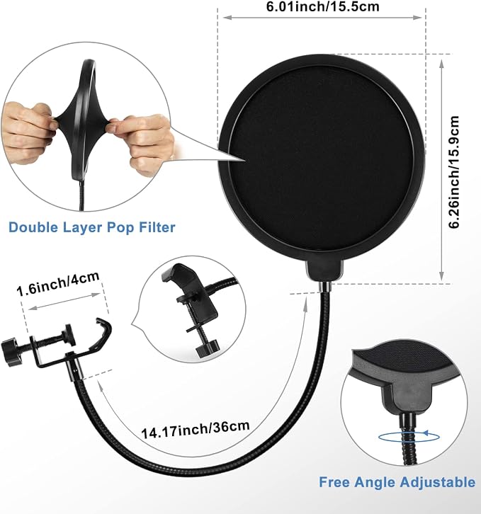 BILIONE Multifunctional Desktop Microphone Stand, Adjustable Mic Stand Desk with Pop Filter, Shock Mount, Microphone Clip, 5/8" to 3/8" Metal Screw Adapter (Pack of 2)