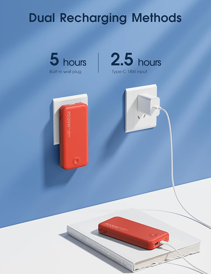 Nusyddy Portable Charger 10000mAh PD20W w/Built-in Cables & Wall Plug Red | PD20W Fast Charging, Battery Indicator, Pass Through Charging, TSA Approved, Compact/Slim, Power Bank for iPhone/iPad/Samsung