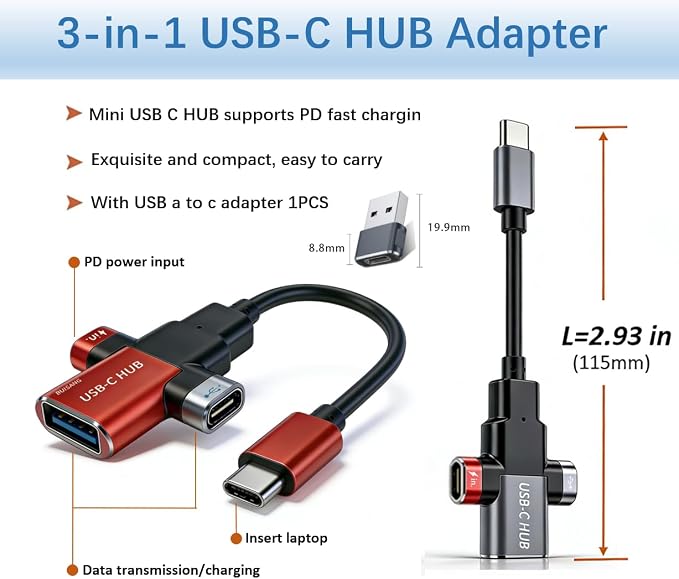 BUISAMG Small USB C HUB for Laptop, 60W Fast Charging and 480Mbps Data Transfer USB C Docking Station, USB C Splitter, USB C Dongle for MacBook Pro, iMac, iPhone 17, XPS. (HUB+USB Adapter 3-pcs)