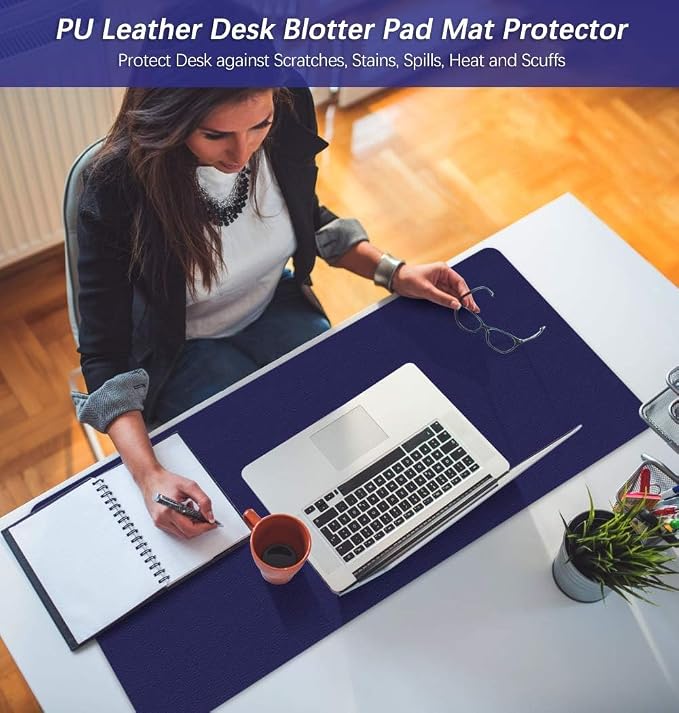 Office Desk Mats Pad Table Protector 16 X 32 Inch PU Leather Desk Blotters on Top of Desks Computer Laptop Keyboard Mouse Pad Organizer Double Side Desktop Cover Writing Mat for Girl Kids Blue/Yellow
