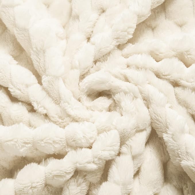 Vessia Flannel Fleece Queen Size Bed Blanket(90x90 inch), 3D Jacquard Cream Fuzzy and Warm Blanket for Adults, 300GSM Super Soft Touch Cozy Lightweight Ivory Bed Home Decor for All-Season