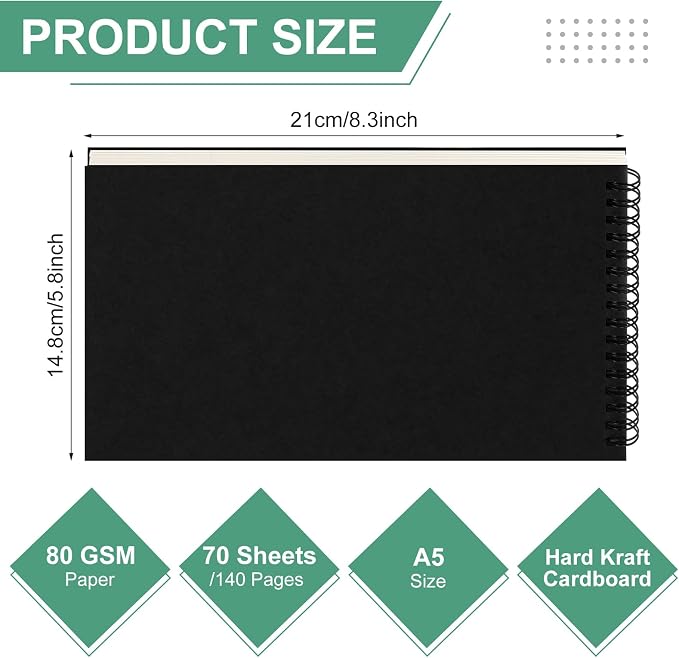 Engrowtic 6 Pcs Dot Grid Notebook Top Spiral Notebook A5 Size Bullet Dotted Paper Hardcover Dot Journal 8.3''x 5.8'' 140 Pages Spiral Notepads for Sketching Drawing Writing School Office (Black)