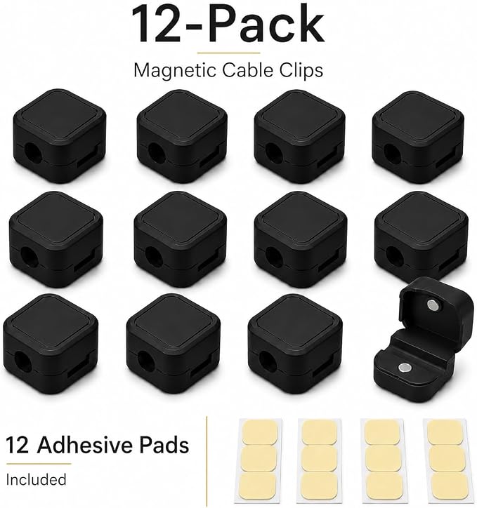 Magnetic Cable Clips, 12 Pack Self Adhesive Cord Organizer Holders for Desk, Nightstand, Office & Car, Cable Management for Charging Cords, USB Cables & Headphones Black or White (Black)