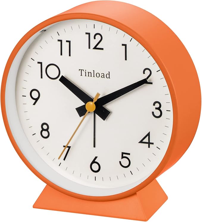Tinload 4.5" Battery Operated Antique Retro Analog Alarm Clock, Small Silent Bedside Desk Clock, Lighted on Demand, Battery Operated, Snooze, for Living Room, Bedroom, Bedside, Desk(Orange)