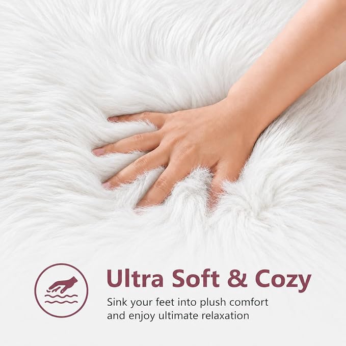 EasyJoy Faux Sheepskin Rug, Fluffy Faux Fur Rug, Ultra Soft Shag Area Rug with Non-Slip Backing for Bedroom, Living Room, Nursery, Kids Room(4 x 4 ft Round, White)