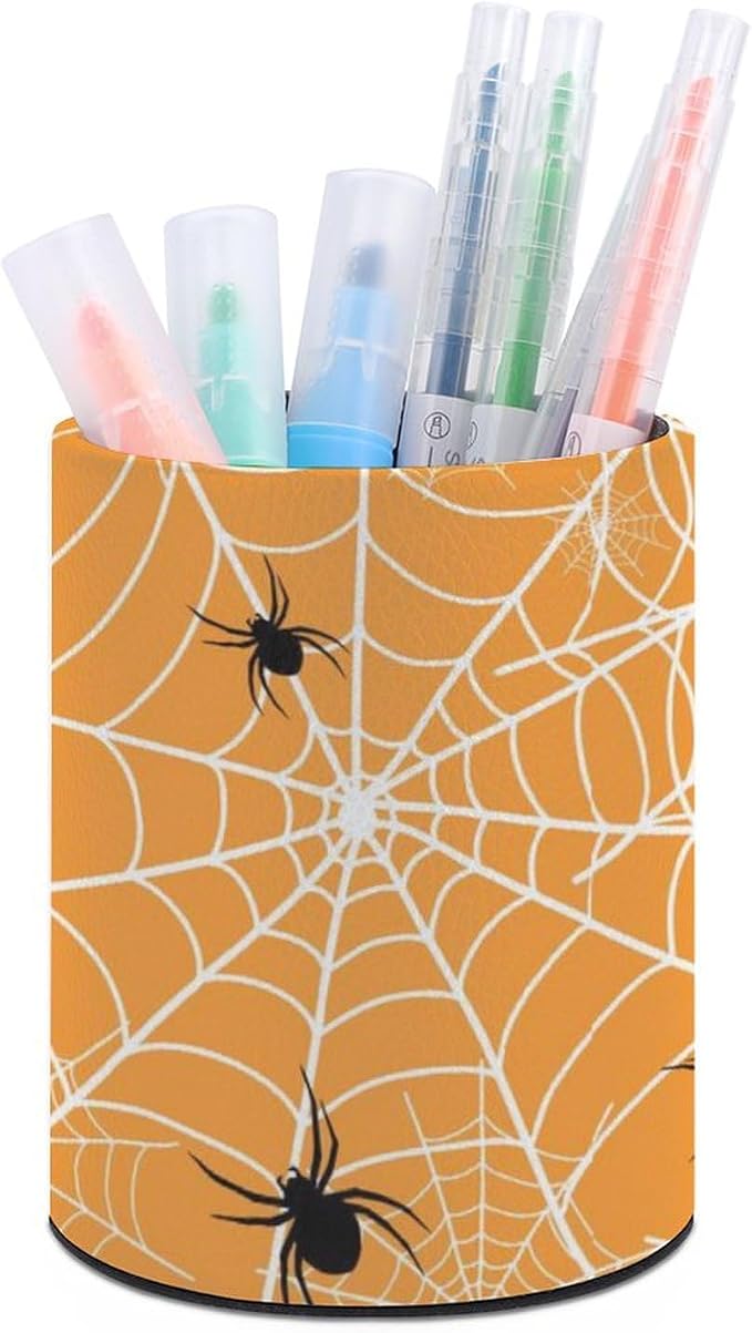 Spider Web Pen Holder for Desk PU Pencil Cup Organizer | Round Desks Makeup Brush Holder for School Multifunctional Office Supplies