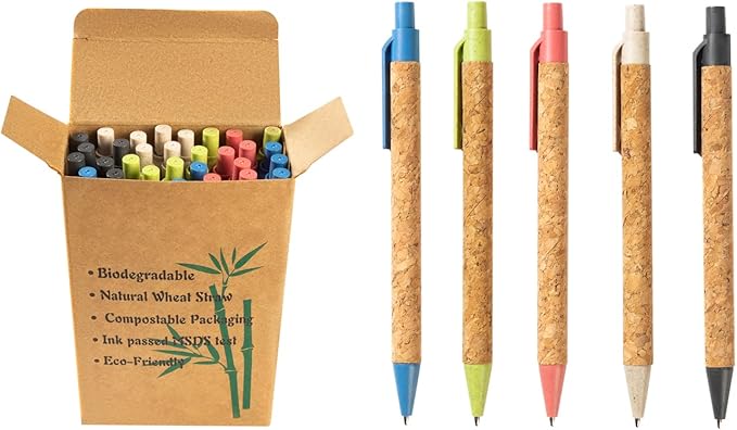 jinfusi Wheat Straw Pens(30 Pack),Eco Friendly Cork and Recycled Ballpoint Writing Black Ink Sustainable Products Set Pens or Journaling