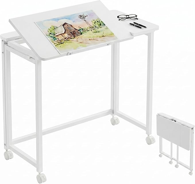 GreenForest Folding Desk with Adjustable Tilt Tabletop, 31.5 in Rolling Desk with Wheels, Portable Small Desk for Small Spaces, Drafting Table for Drawing, White