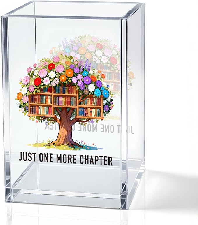 Just One More Chapter Acrylic Pencil Pen Holder Cup, Tree of Life Print Bookmark Storage Organizer, Cute Bookish Desk Accessories Holder Gifts for Daughter Librarian Teacher Book Lover Reader